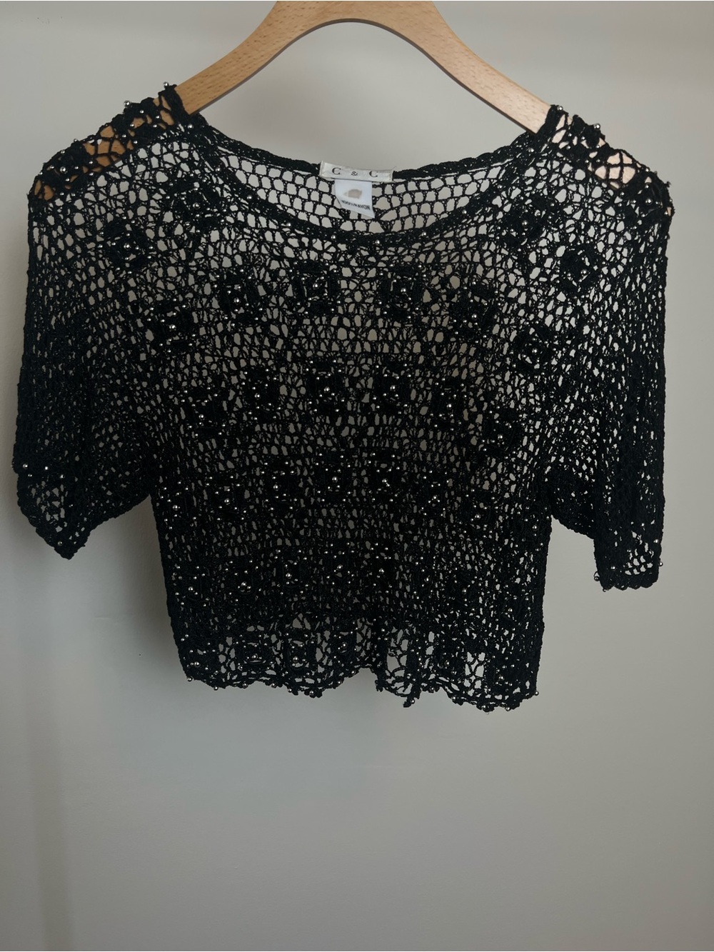 Vintage C&C Black Crochet Beaded Crop Top